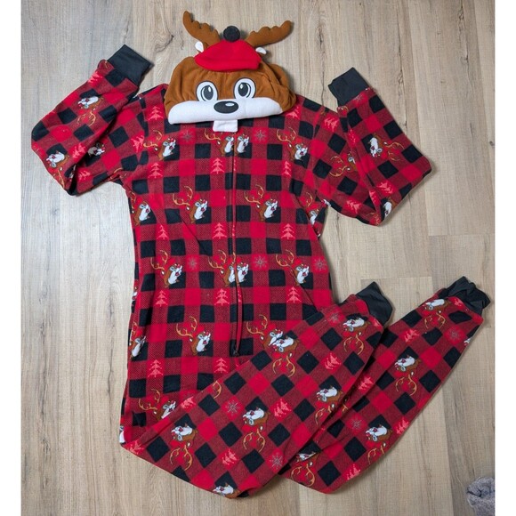 BUC-EE'S Other - NWOT Buc-ee’s Christmas Bodysuit Pajamas Adult S/M Plaid Beaver Reindeer Hooded